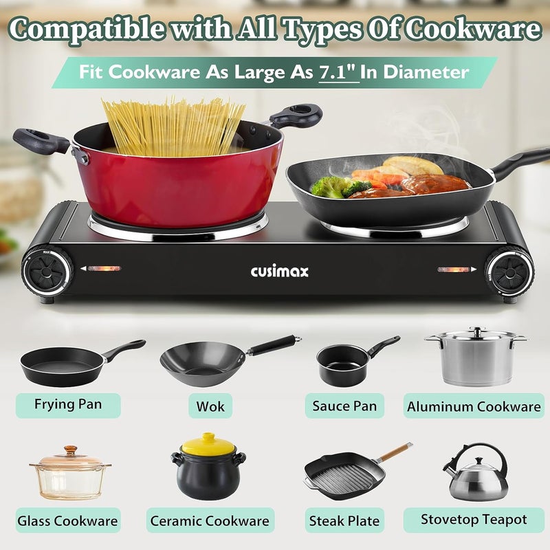 CUSIMAX Hot Plate,1800W Electric Stove Countertop Double Cast Iron Burner with Adjustable Temperature,7.4”+6.1” Portable Hot Plates for Cooking,Compatible for All Cookwares - Image 5